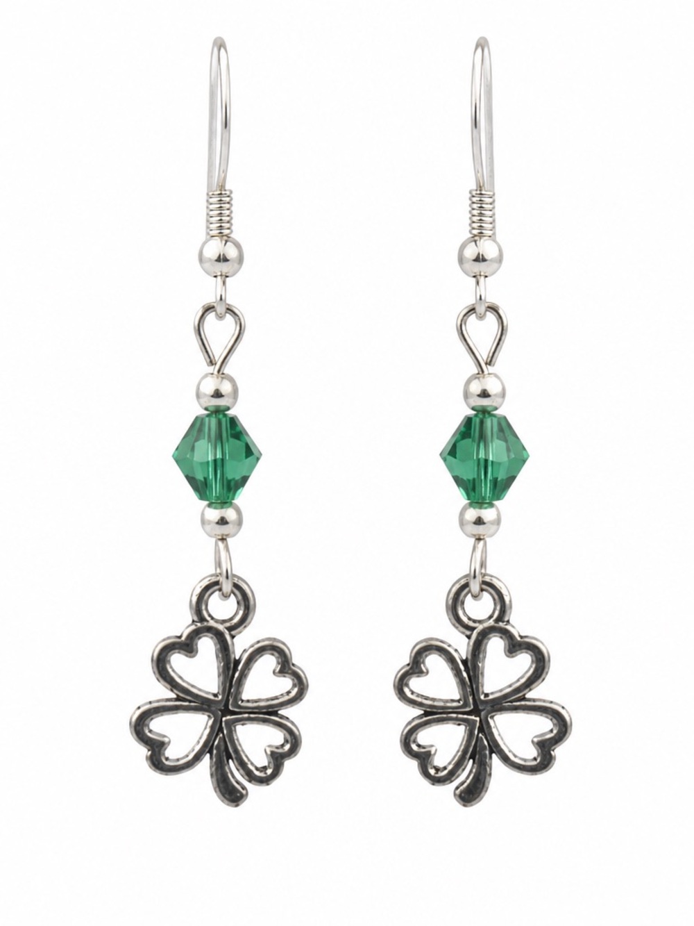 Lucky Clover Drop Earrings with Emerald Green Crystal Bead